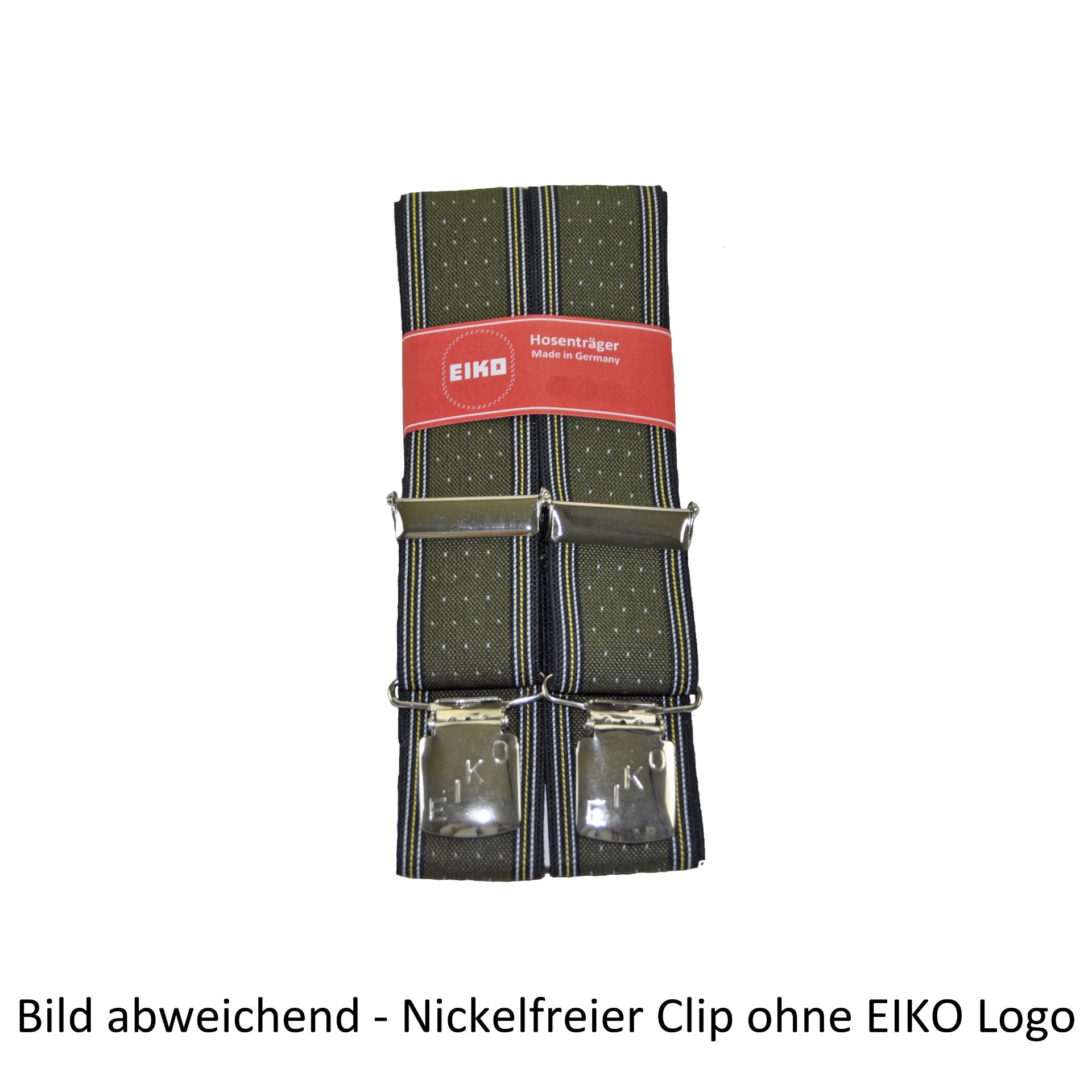 Hosenträger EIKO Clip nickelfrei, dunkles Streifenmuster ,36mm, Leder-Rückenteil flaschengrün (70) 110cm