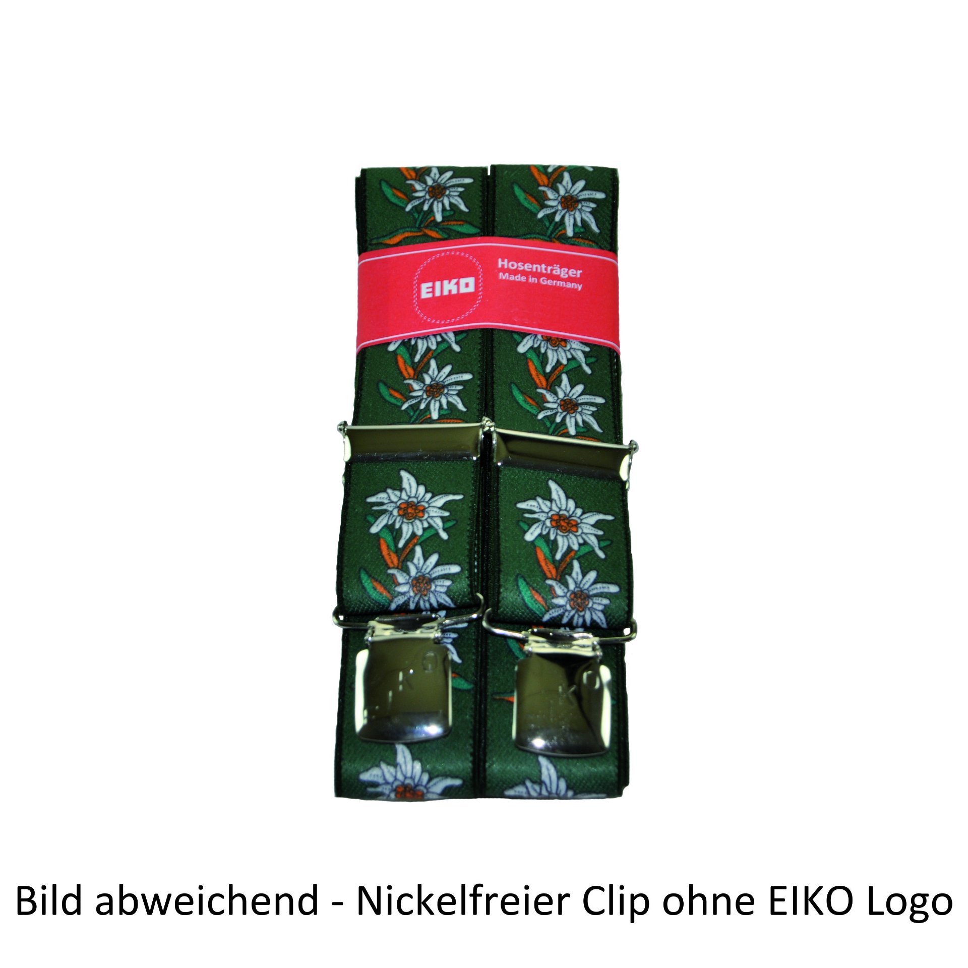Hosenträger EIKO Clip nickelfrei, Edelweiss 36 mm, Leder-Rückenteil flaschengrün (70) 130cm