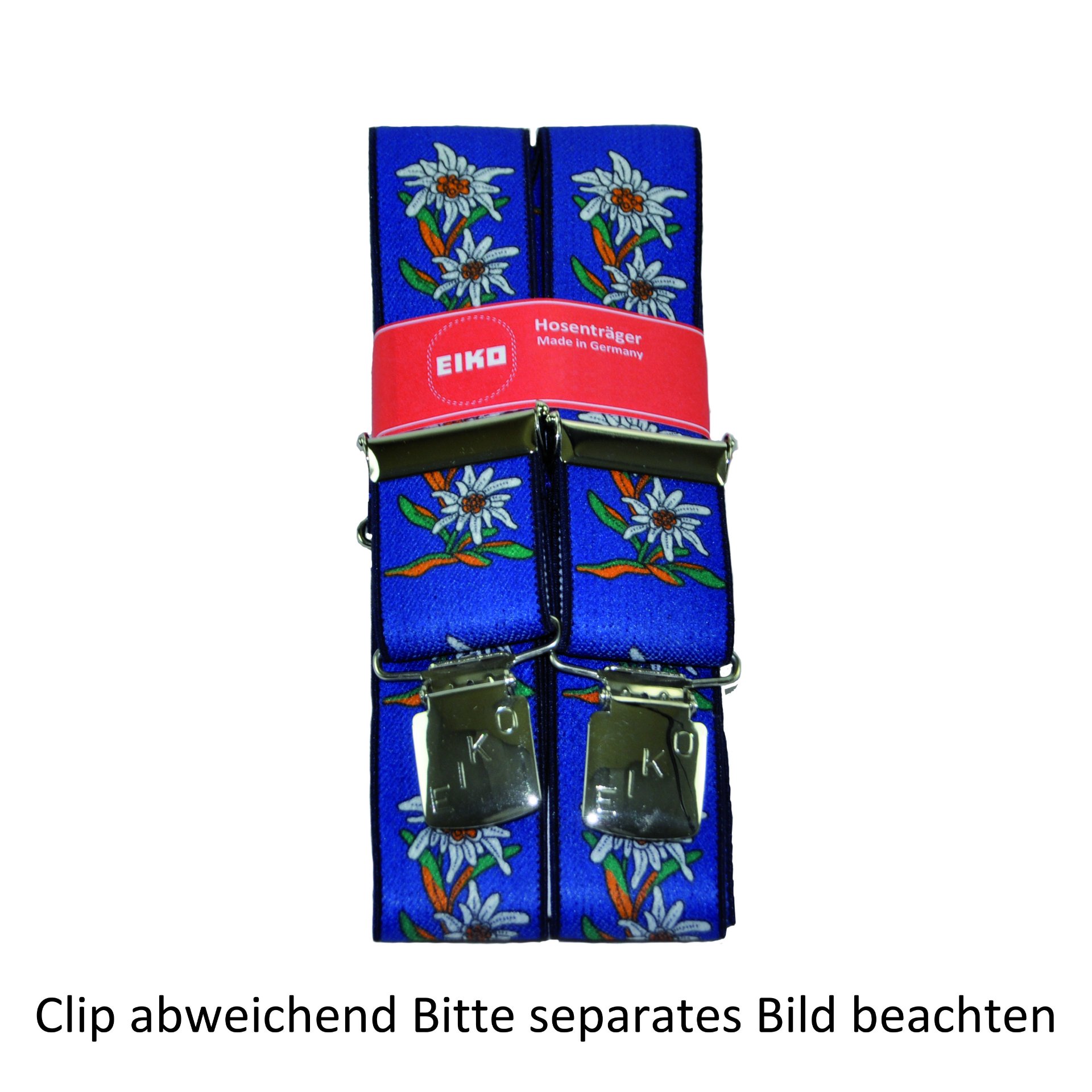 Hosenträger Zacken-Clip Edelweiss, 36mm, Metall-Rückenteil kornblau (50) 100cm