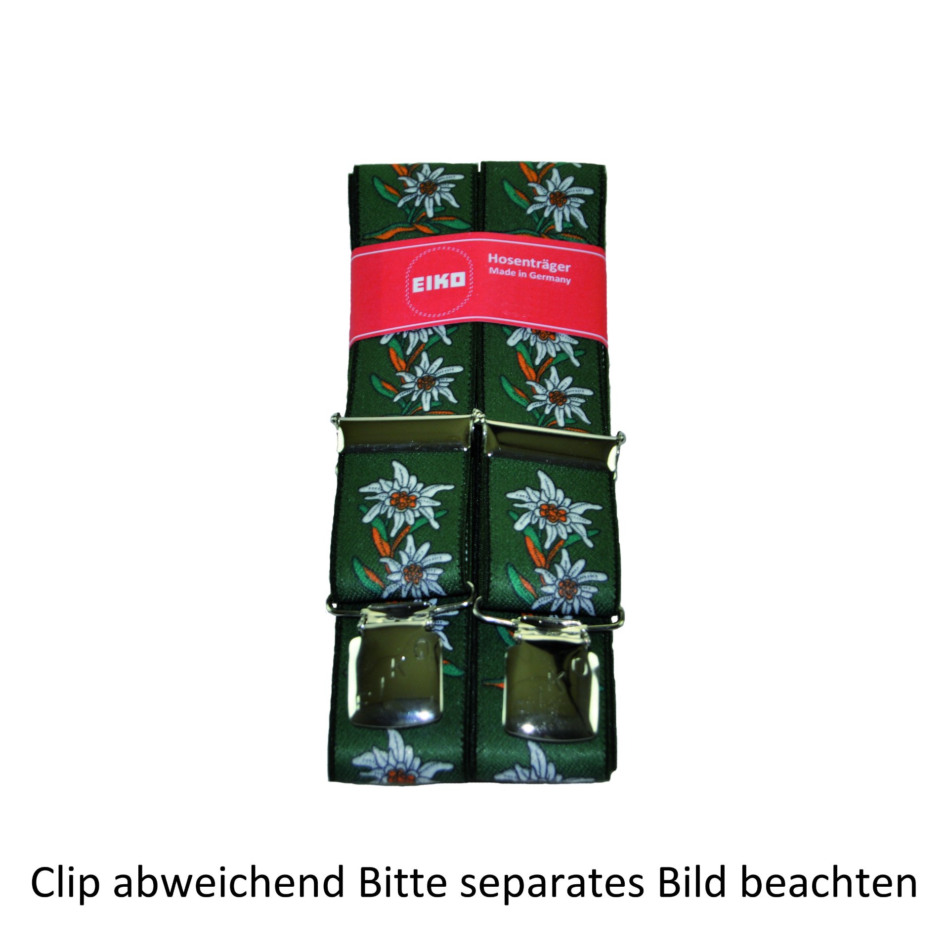 Hosenträger Zacken-Clip Edelweiss, 36mm, Metall-Rückenteil flaschengrün (70) 100cm